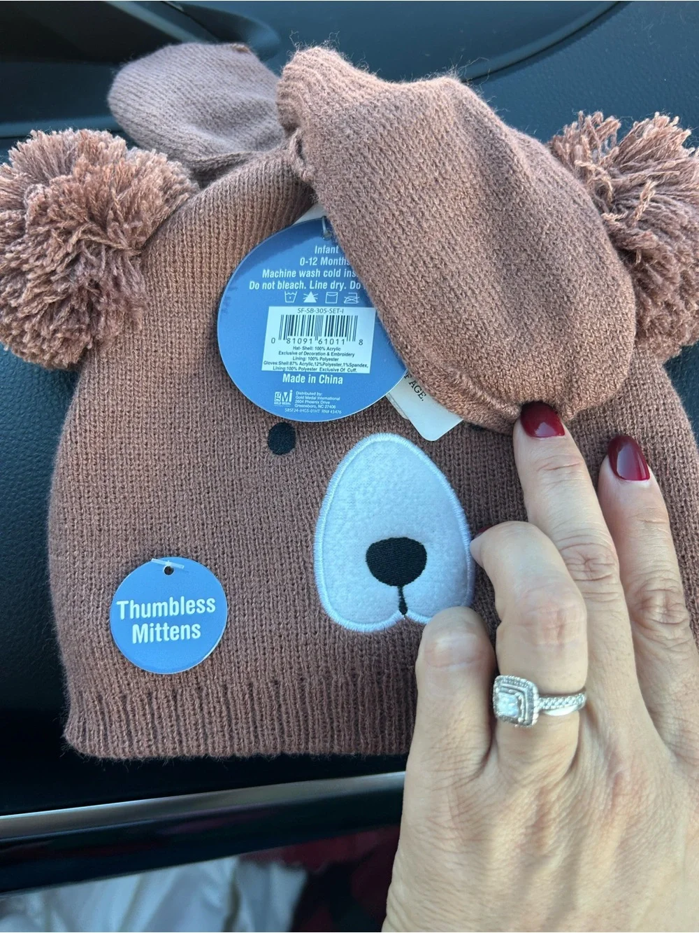 Kids Brown Bear Knit Hat with Matching Mittens
